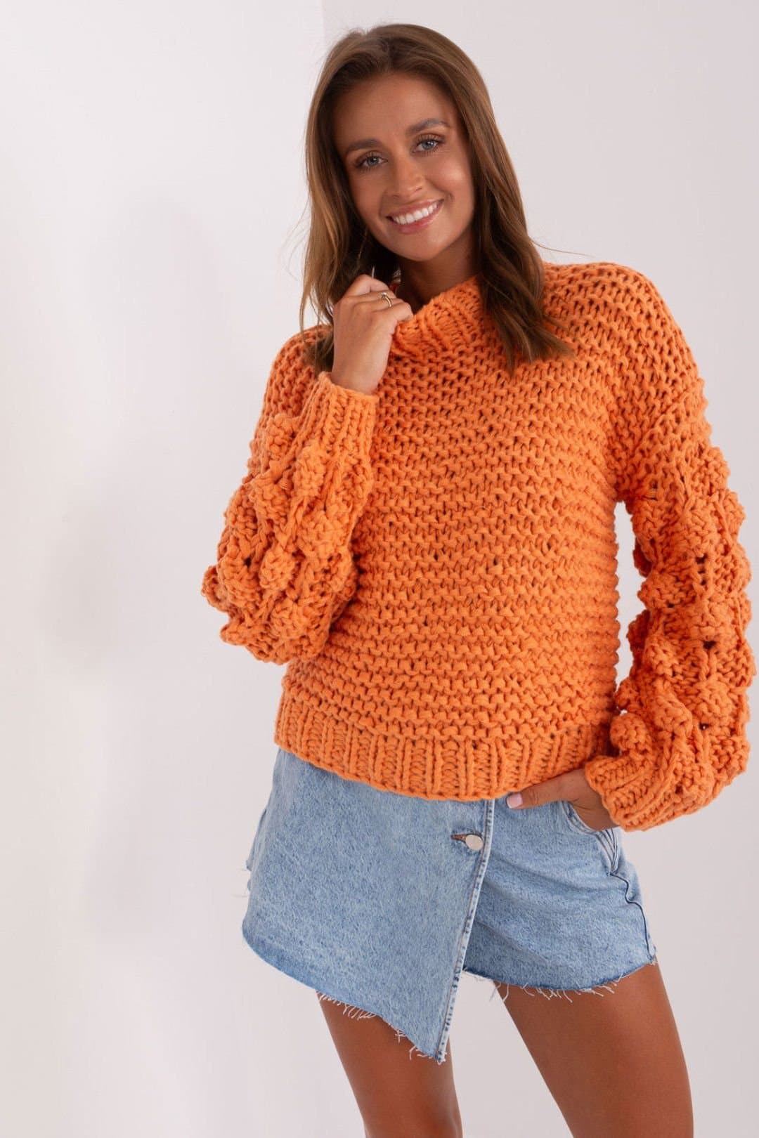 Love Lace Love Lace Women's Puff Sleeve Textured Polyester Sweater Style 186594 in Orange