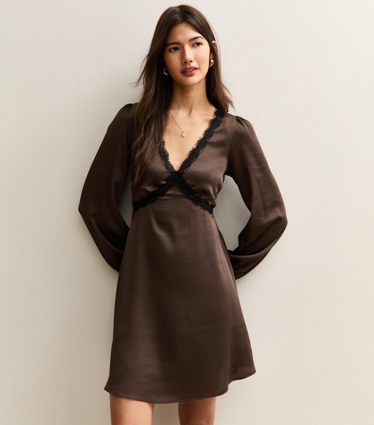 New Look Women's Brown Textured Satin Lace Trim Mini Dress New Look