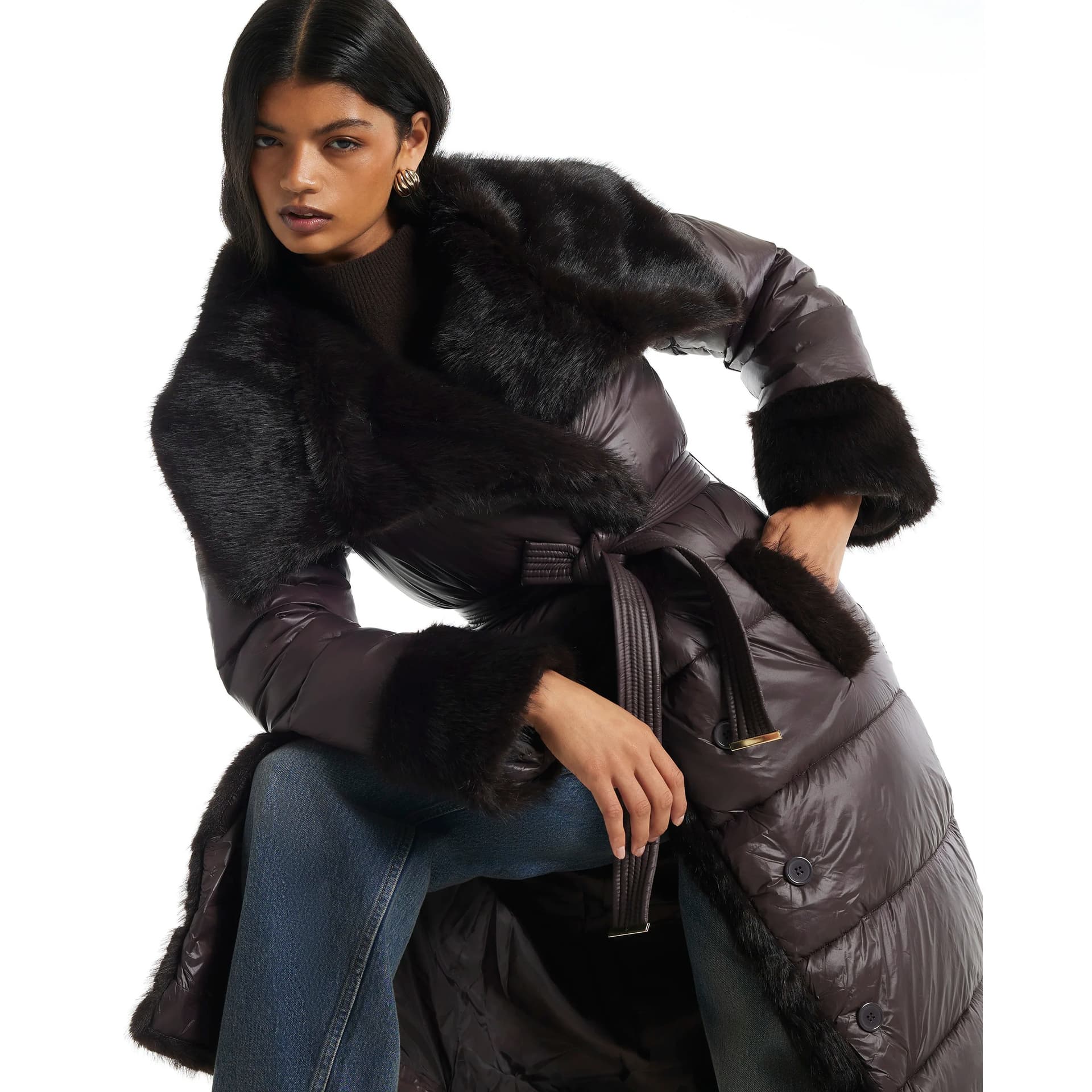 River Island River Island Womens Brown Faux Fur Collar Padded Coat