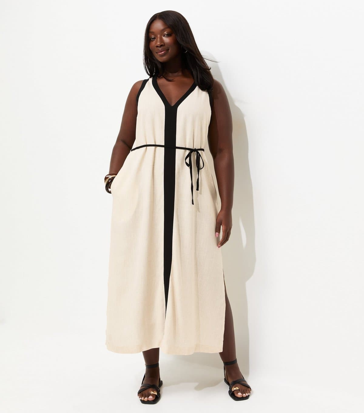 New Look Women's Plus Size Cream Contrast Trim Column Midi Dress Curves New Look