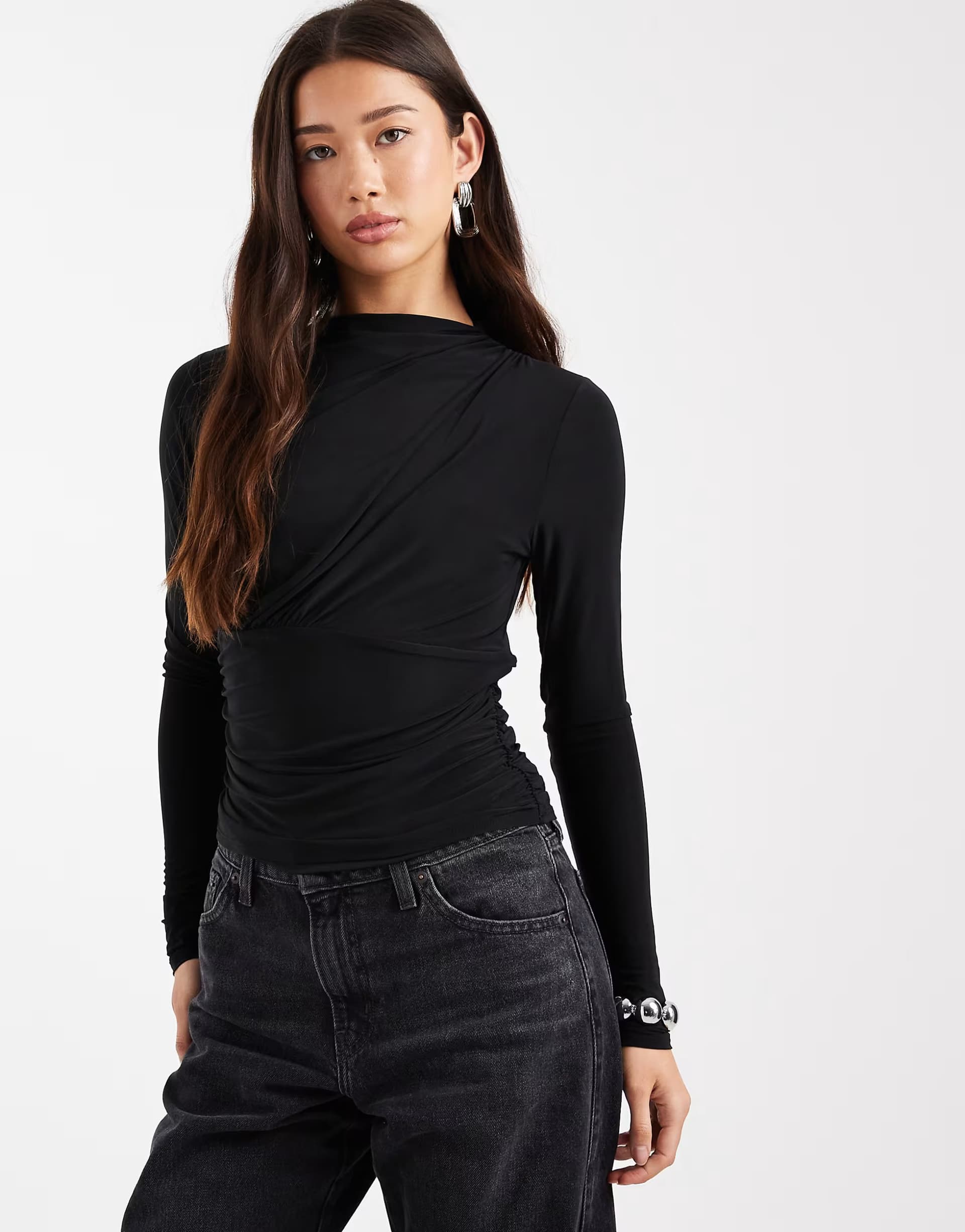ASOS ASOS DESIGN ruched slinky long sleeve top in black