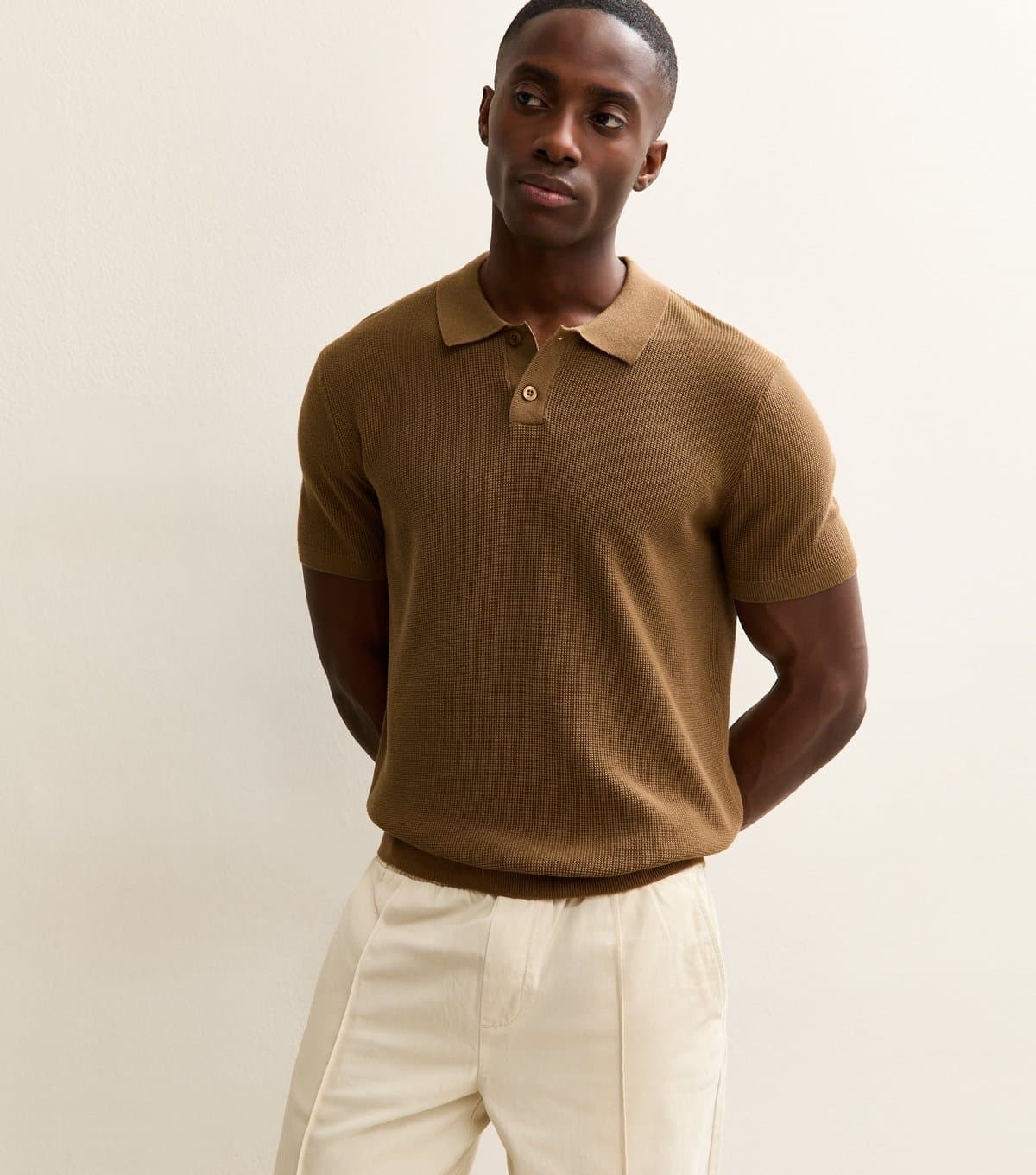 New Look Men's Camel Regular Short Sleeve Textured  Polo Top New Look