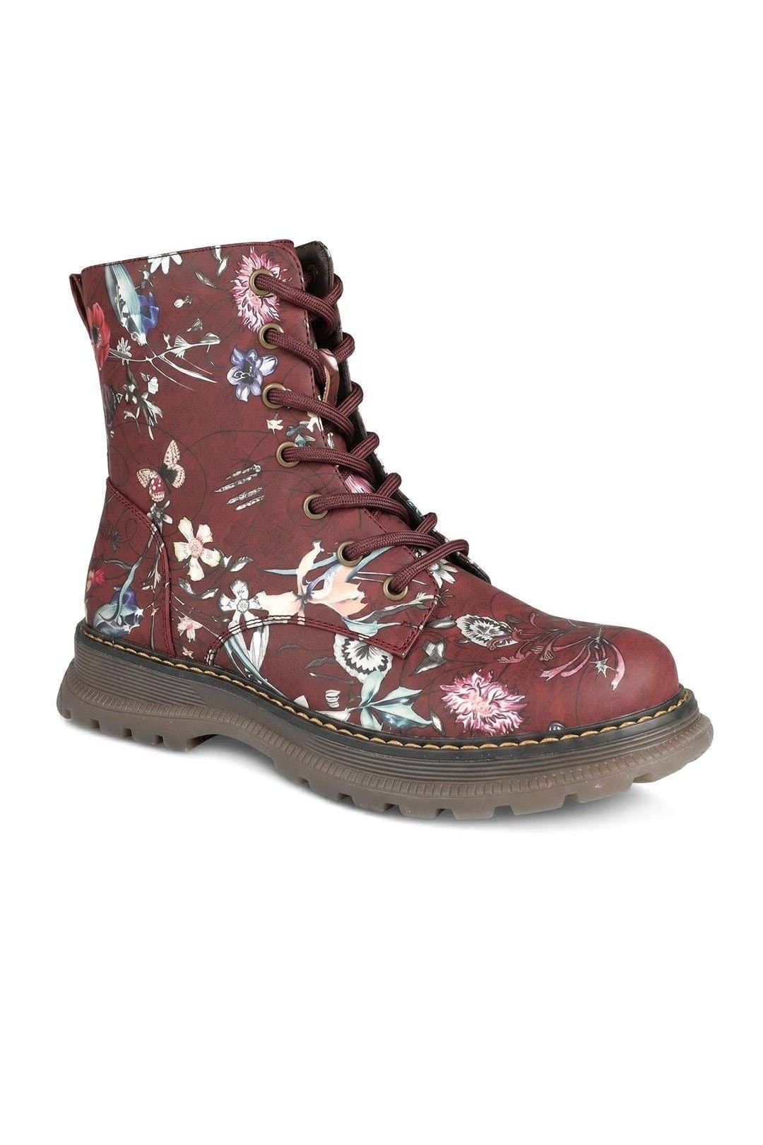 Pavers Pavers Women's Floral Pattern Lace Up Ankle Boots in Burgundy
