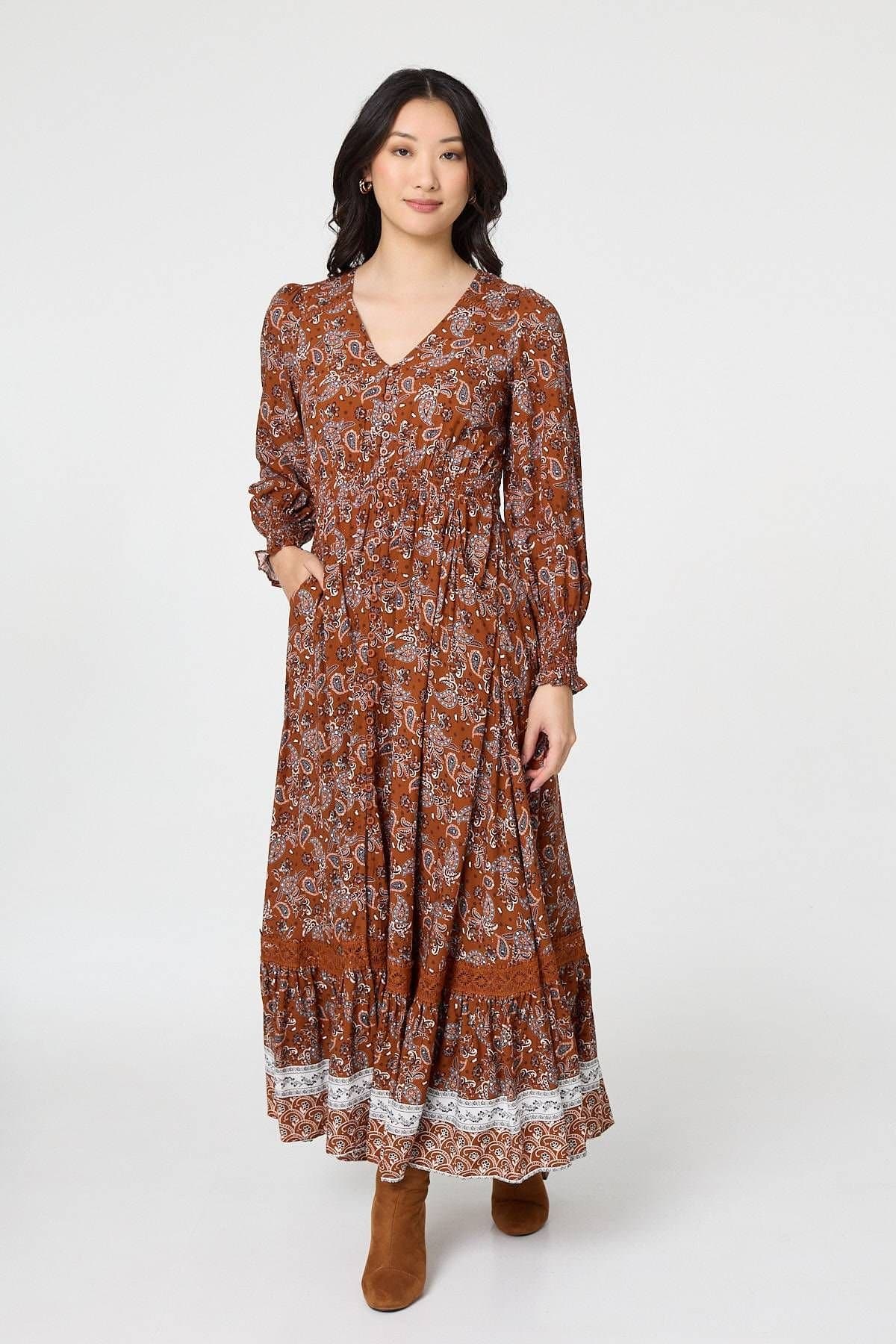 Izabel London Izabel London Women's Paisley Shirred Lace Trim Maxi Dress in Terracotta