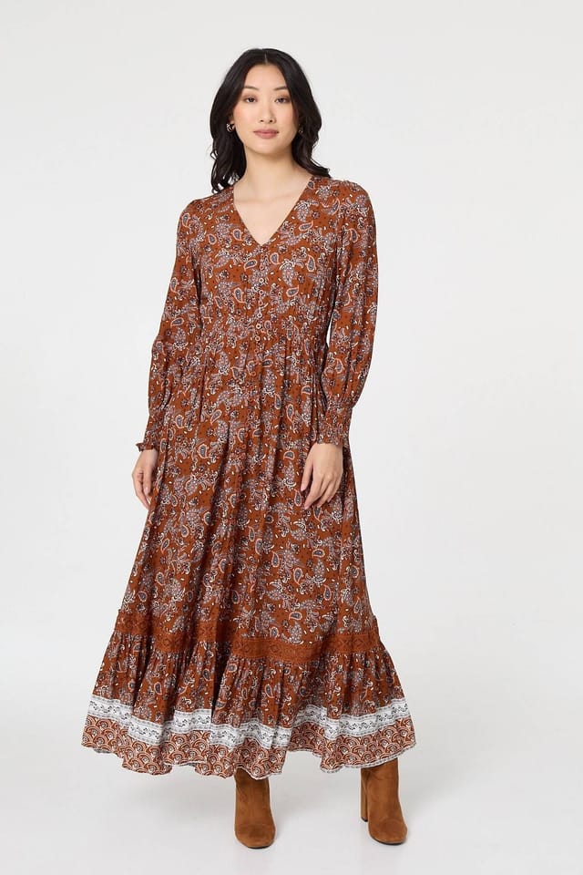 Izabel London Izabel London Women's Paisley Shirred Lace Trim Maxi Dress in Terracotta - 2