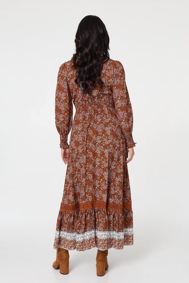 Izabel London Izabel London Women's Paisley Shirred Lace Trim Maxi Dress in Terracotta - 3