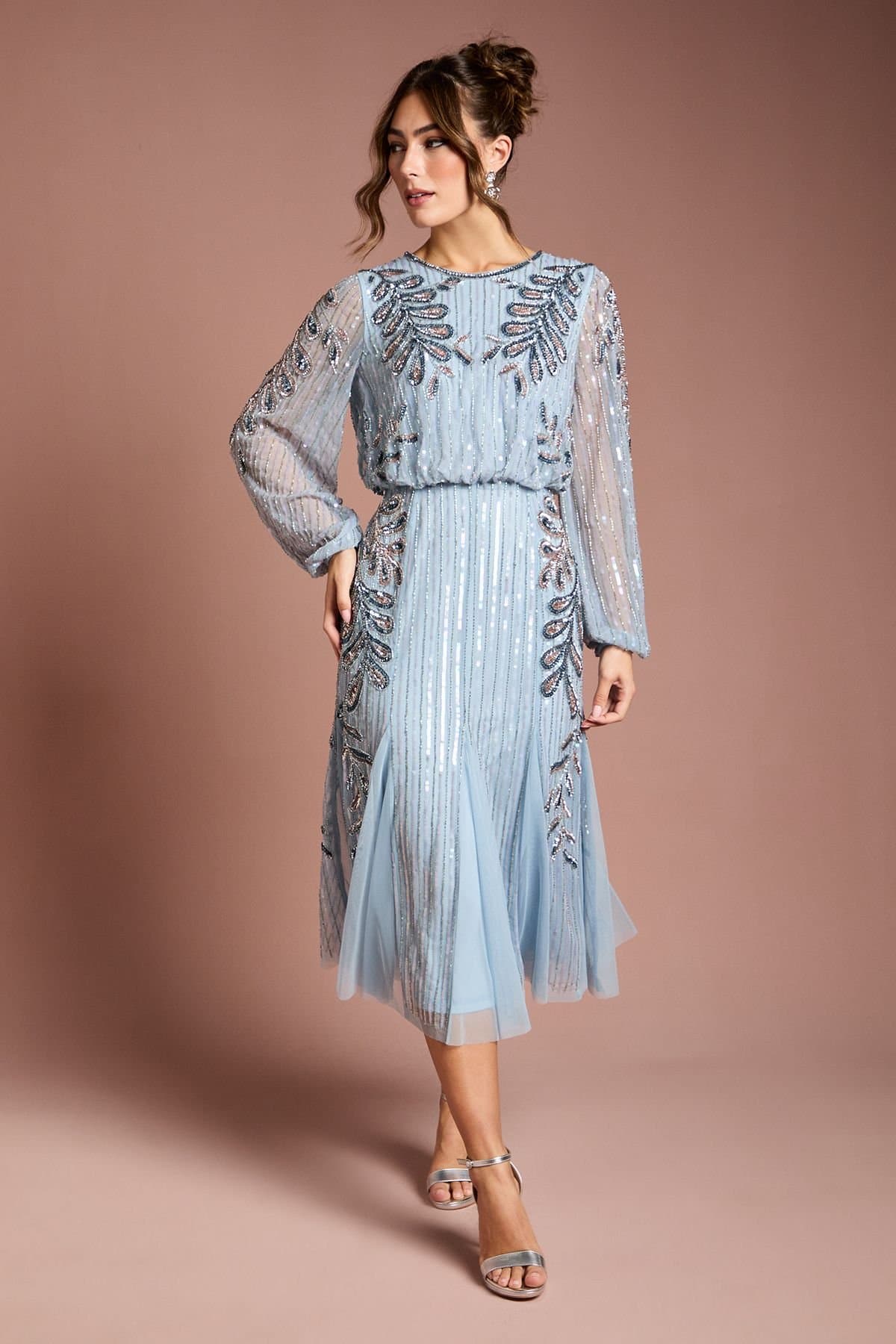 Coast Coast Women's Long Sleeve Floral Applique Beaded Midi Dress in Blue