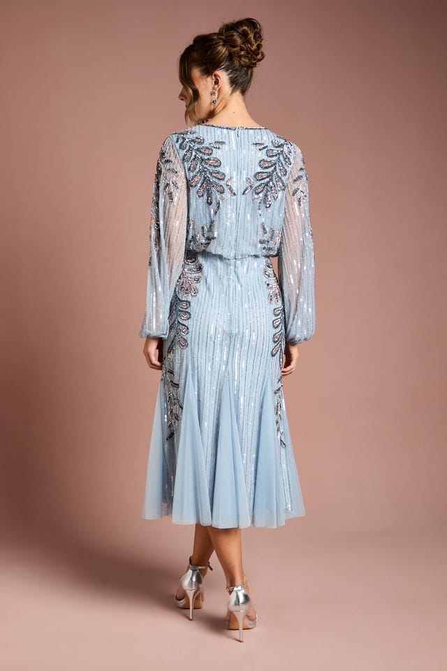 Coast Coast Women's Long Sleeve Floral Applique Beaded Midi Dress in Blue - 3