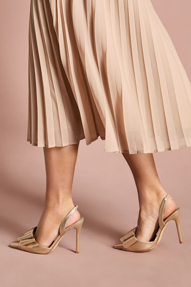 Coast Coast Women's Wide Fit Tamara Metallic Textile Satin Bow Slingback High Stiletto Heel Court Shoes in Gold - 3
