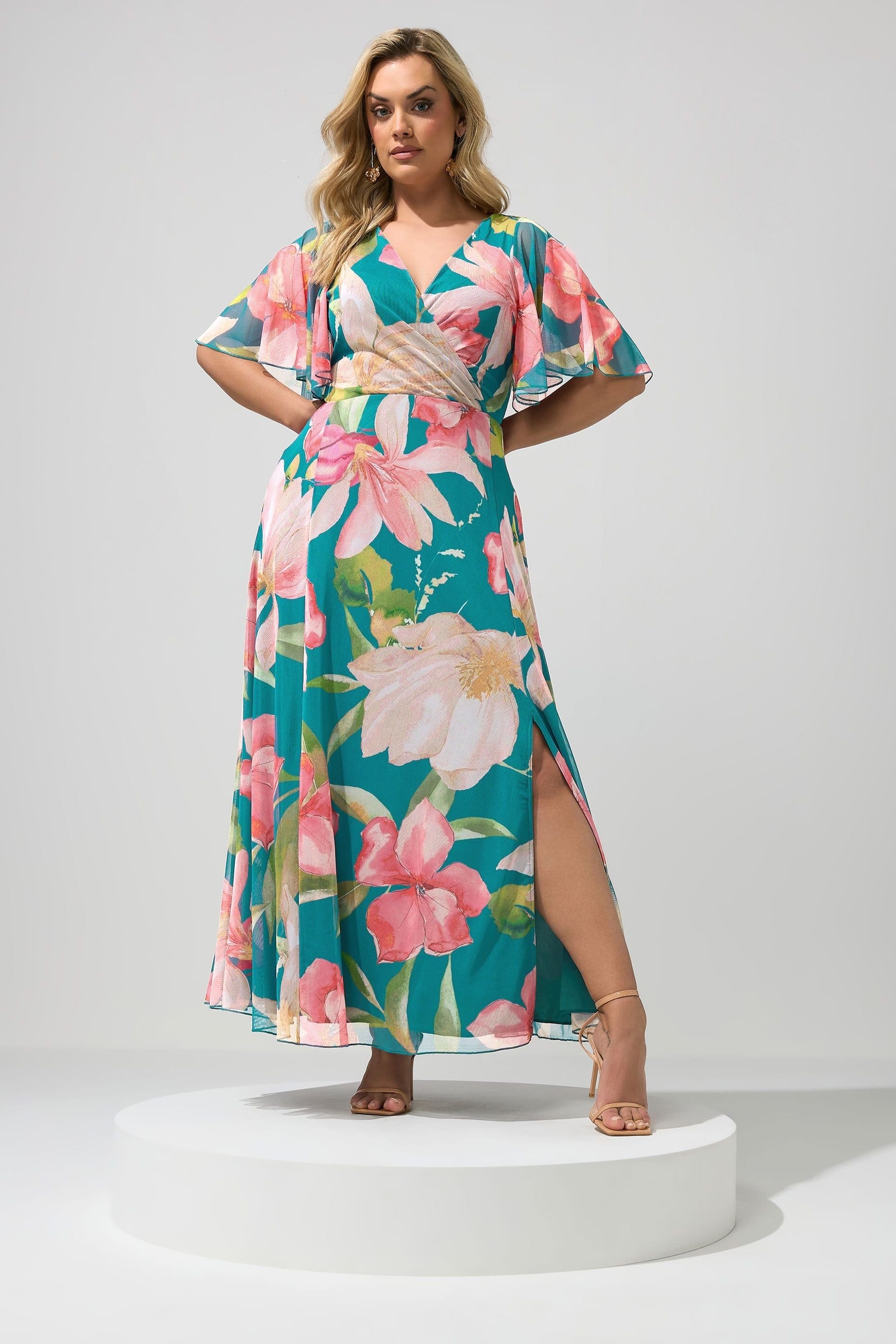 Yours Teal Floral Print Maxi Wrap Dress