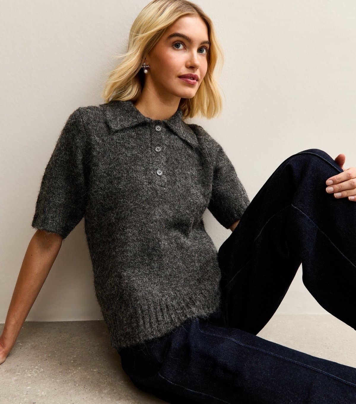 New Look Women's Grey Textured Knit Polo Collar Top New Look