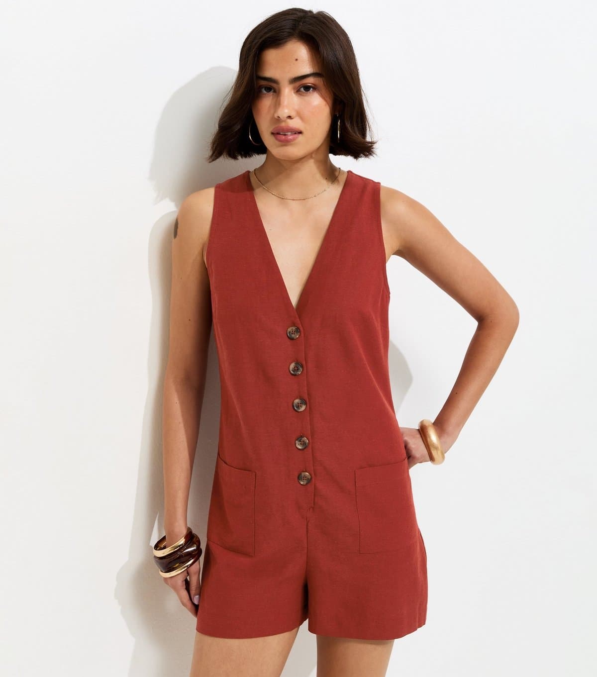New Look Women's Dark Red Sleeveless Button Through Playsuit New Look
