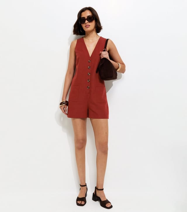 New Look Women's Dark Red Sleeveless Button Through Playsuit New Look - 3