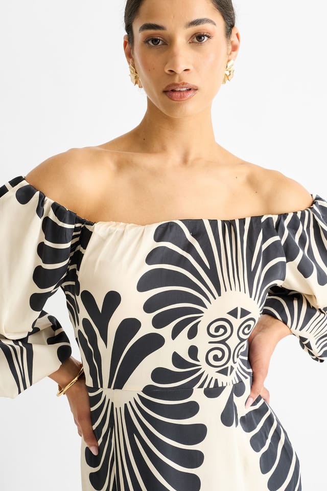 Gini London Gini London Women's Cream Bardot Mono Print Maxi Dress - 2