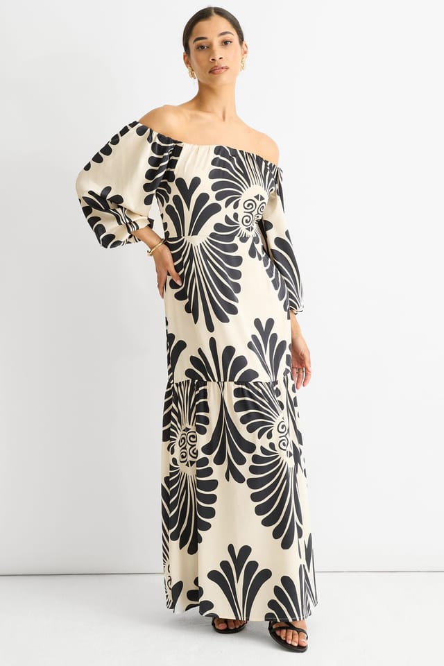 Gini London Gini London Women's Cream Bardot Mono Print Maxi Dress - 3