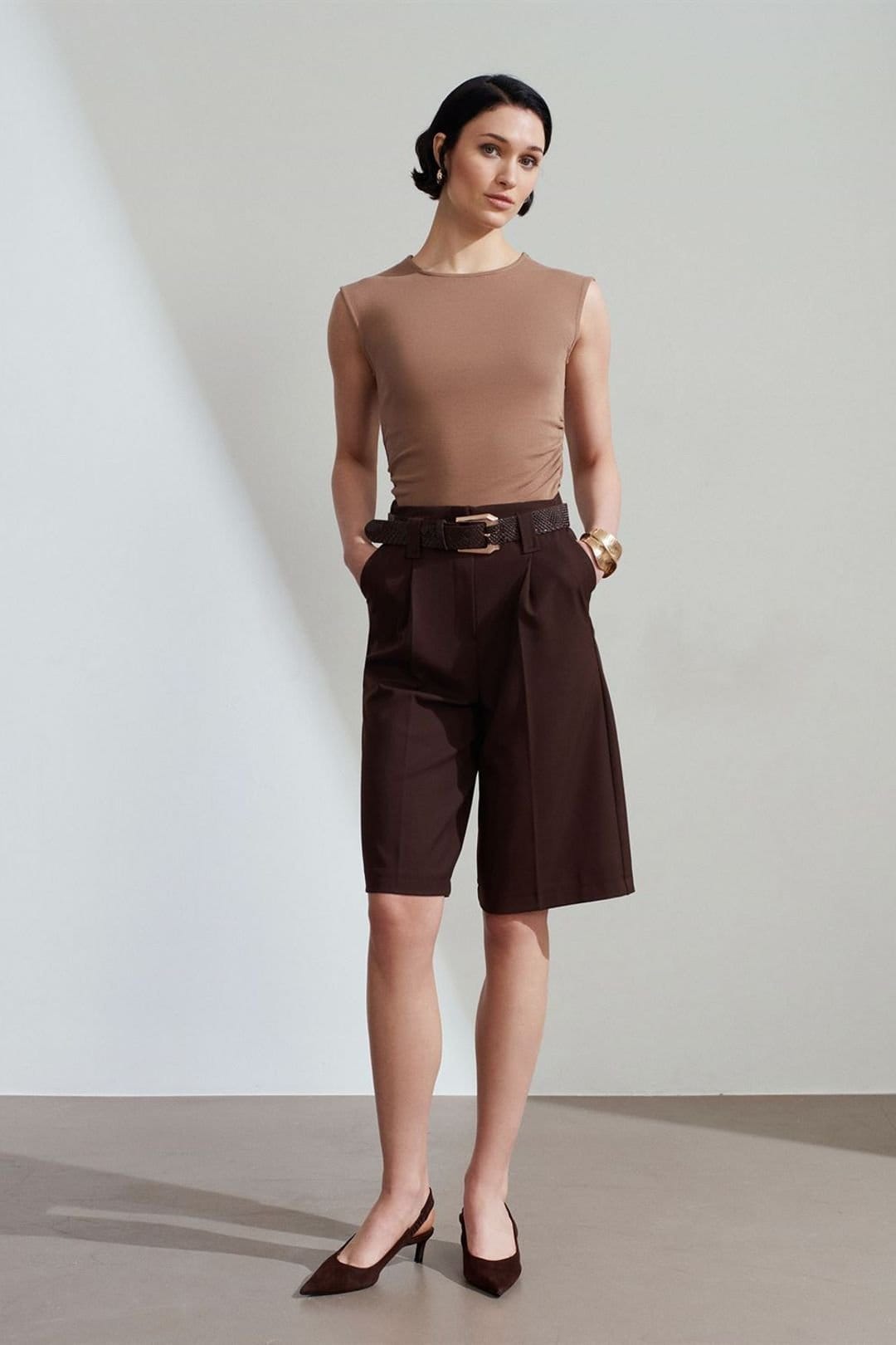 Dilvin Chocolate Belted Wide-Leg Tailored Shorts
