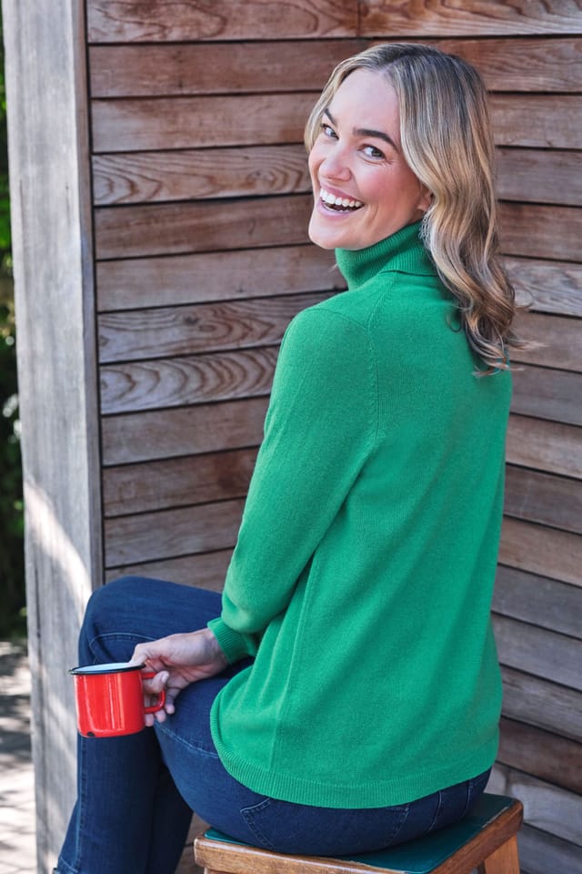 WoolOvers WoolOvers Women's Cashmere & Merino Fitted Polo Neck Jumper in Bright Green - 3
