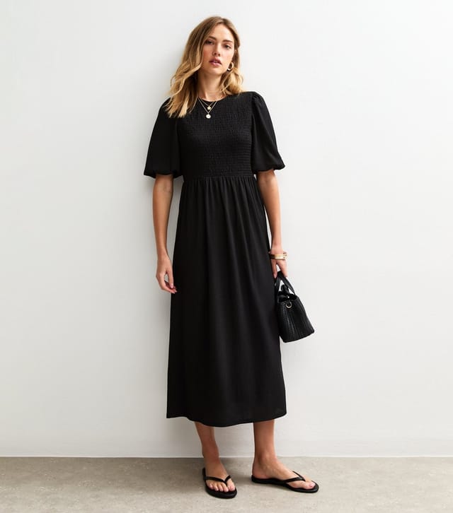 New Look Women's Black Crinkle Texture Puff Sleeve Smock Midi Dress New Look - 3