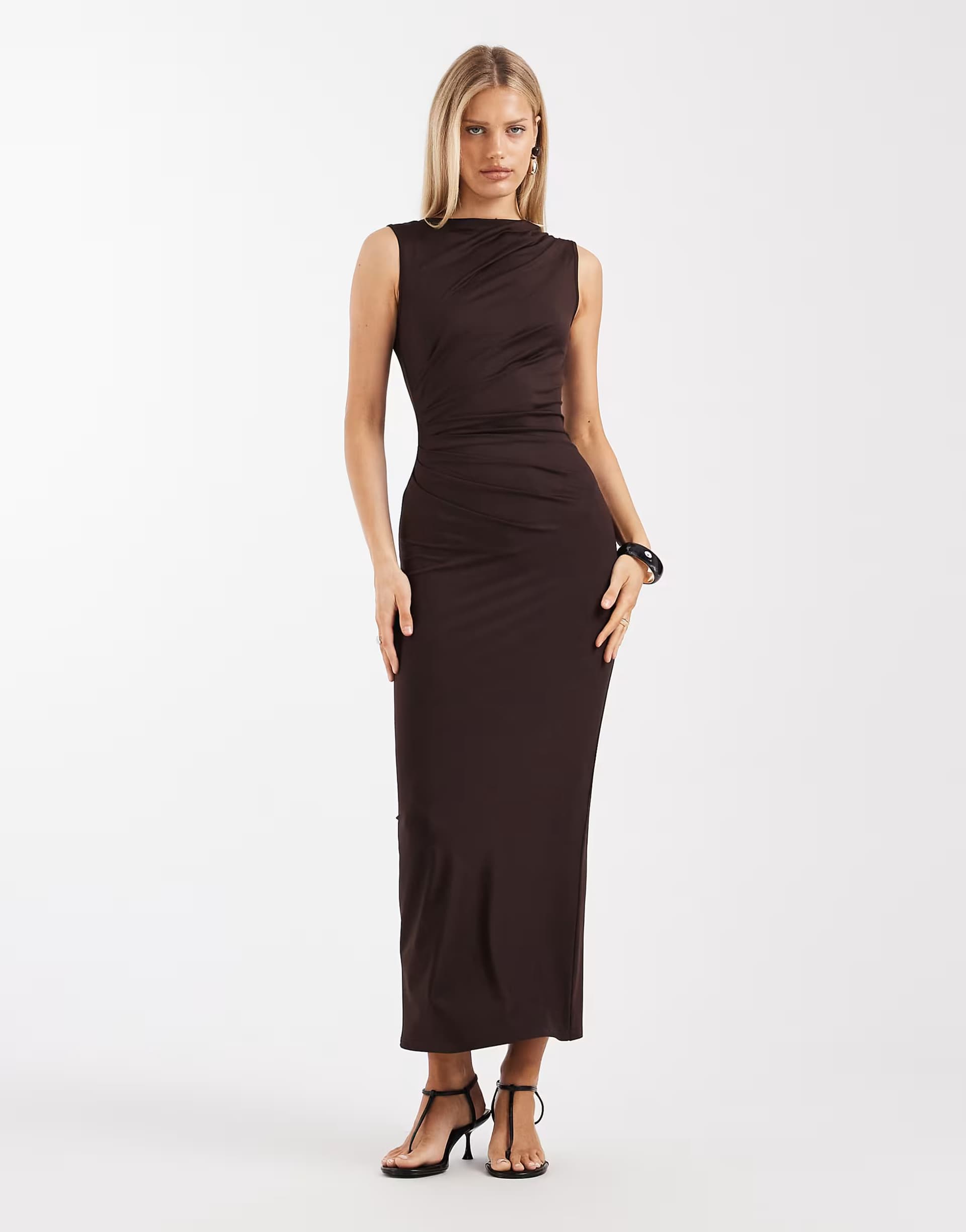 ASOS 4th & Reckless slinky sleeveless ruched slash neck maxi dress in chocolate