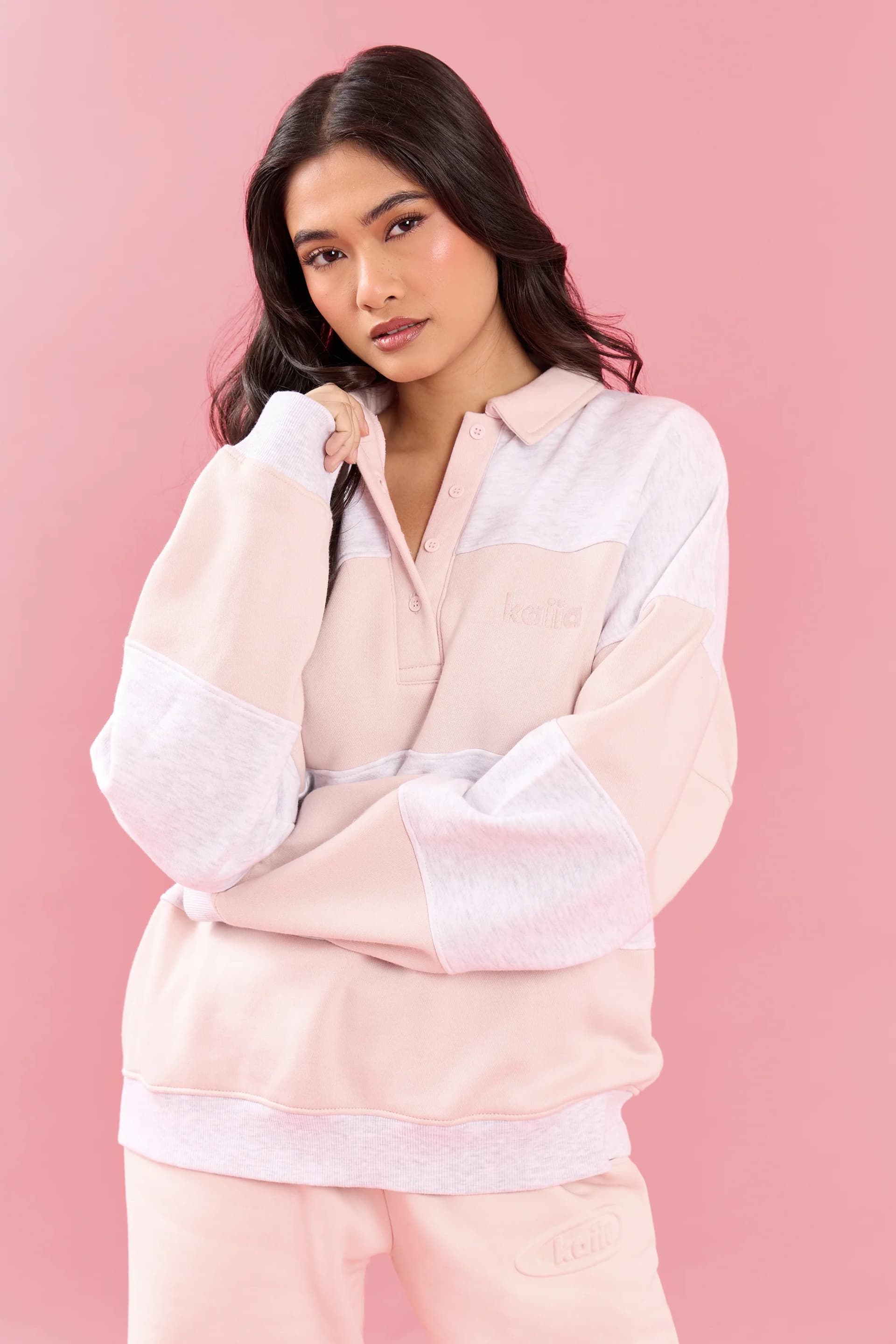 Kaiia Kaiia Striped Oversized Rugby Sweatshirt Light Grey Marl & Pink Meringue