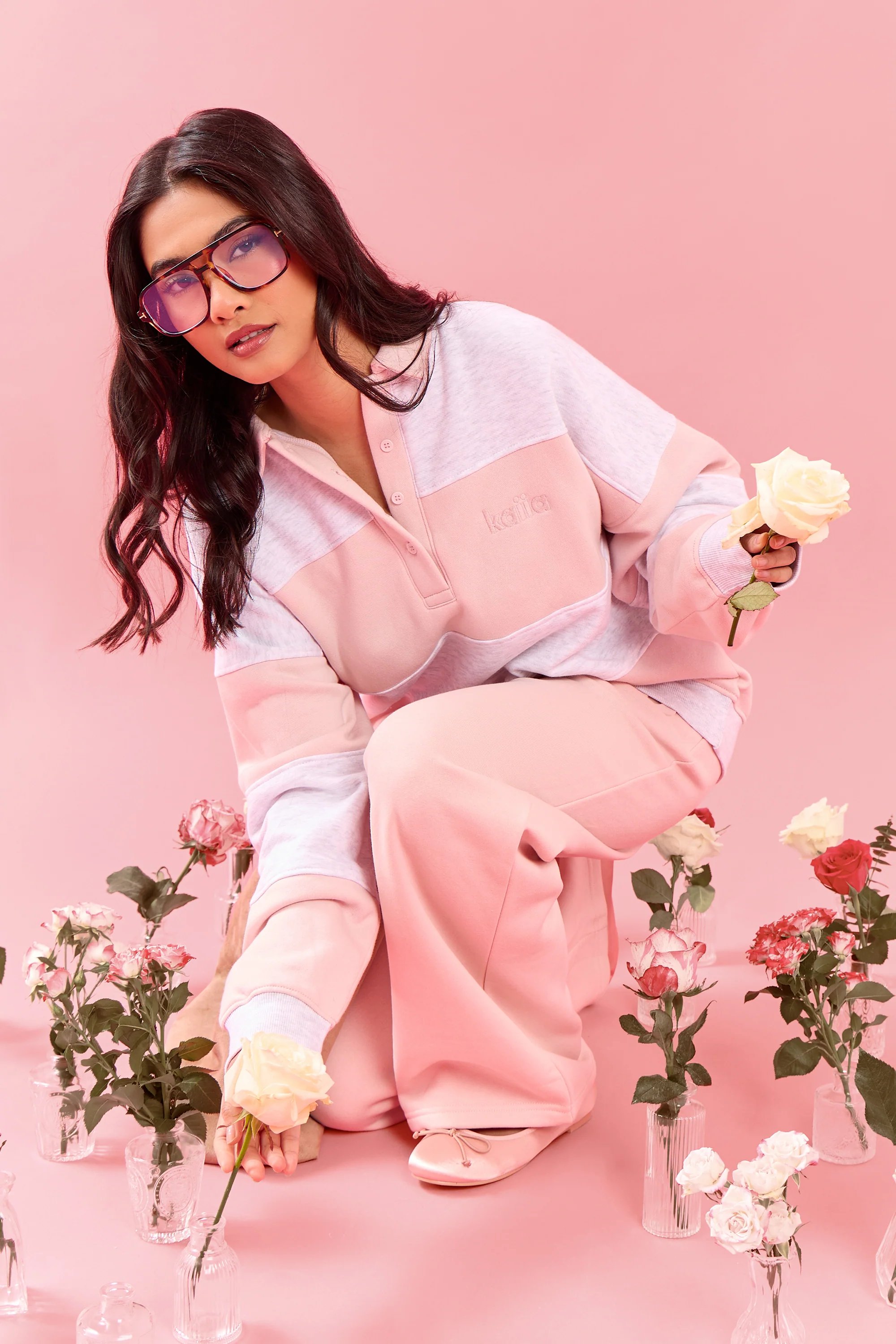 Kaiia Kaiia Striped Oversized Rugby Sweatshirt Light Grey Marl & Pink Meringue - 2