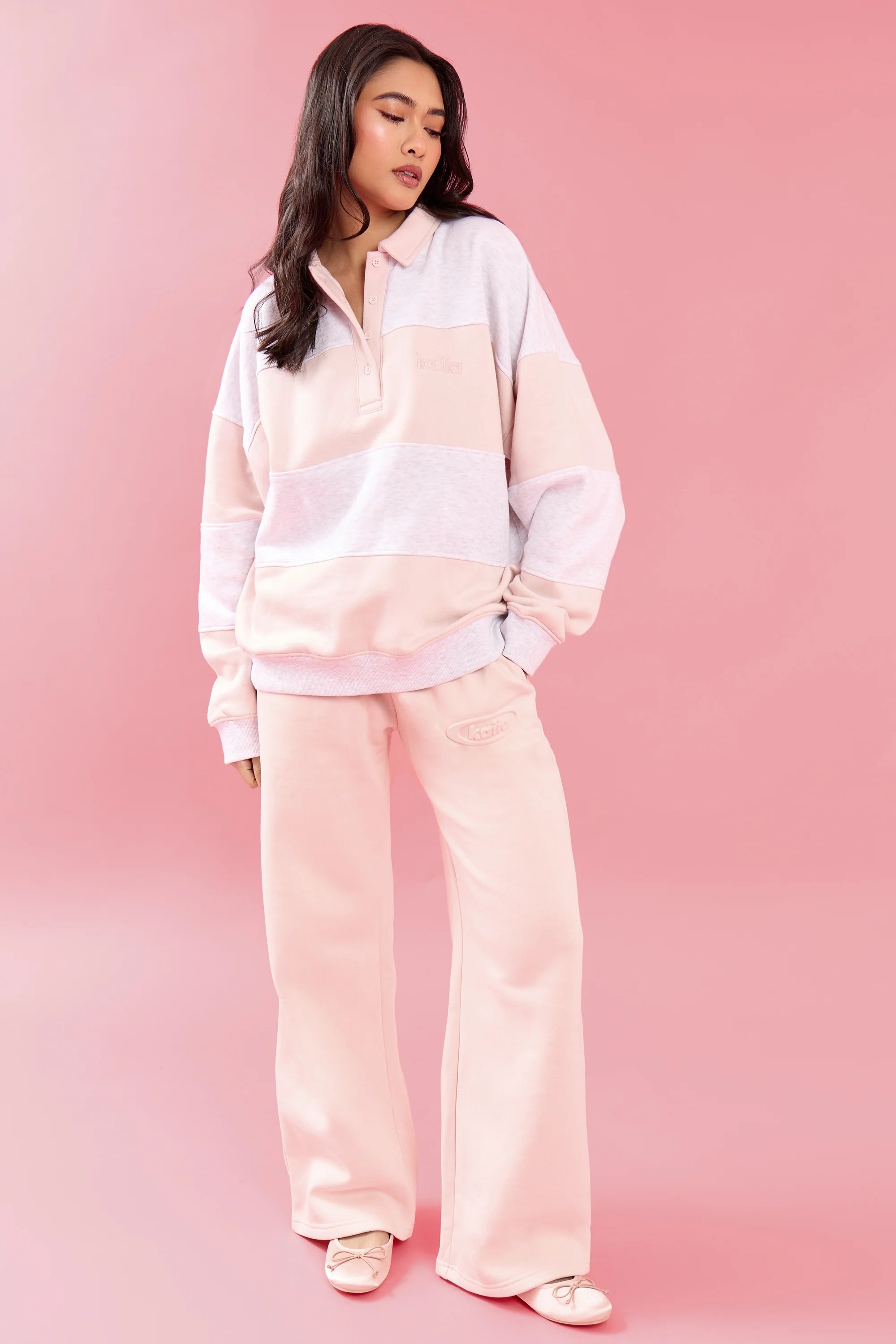 Kaiia Kaiia Striped Oversized Rugby Sweatshirt Light Grey Marl & Pink Meringue - 3