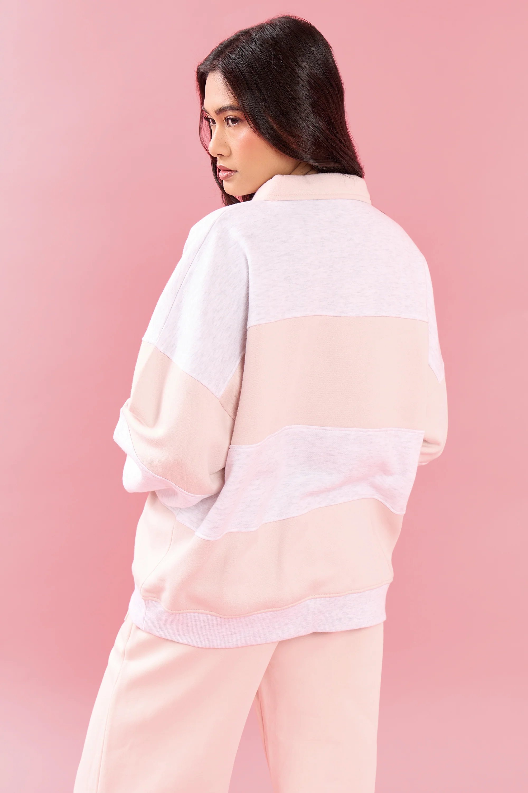 Kaiia Kaiia Striped Oversized Rugby Sweatshirt Light Grey Marl & Pink Meringue - 4