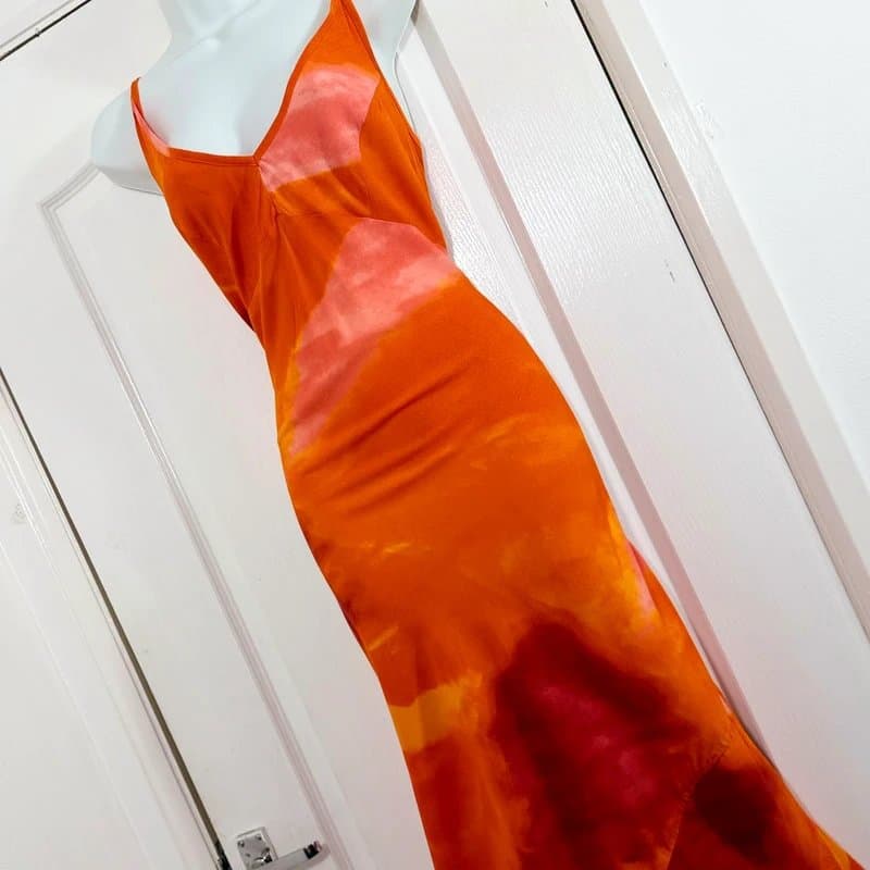 ASOS Design ASOS Design Orange Abstract Maxi Dress Size 14 Holiday Sunset Bias Cut Occasion Y2K