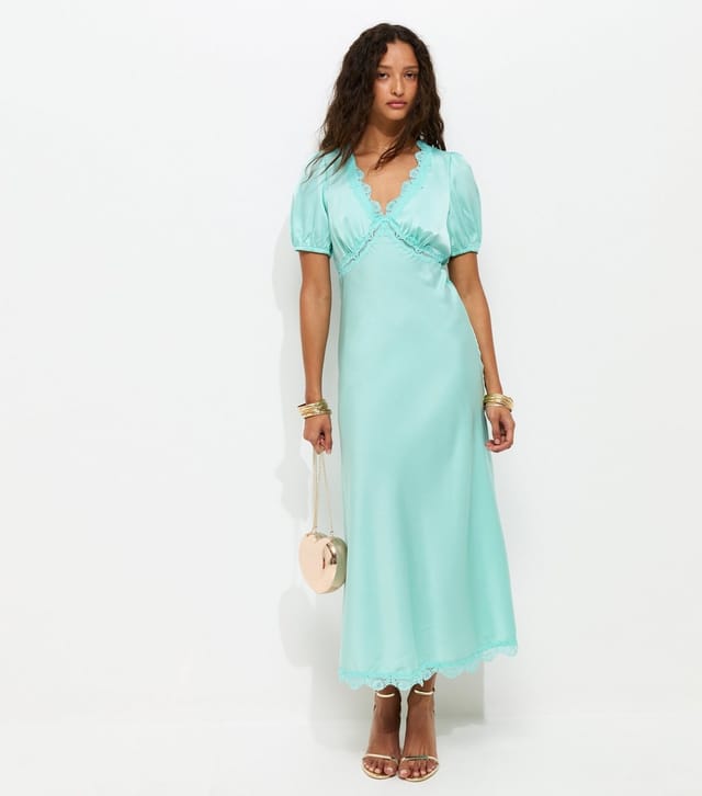 New Look Women's Light Blue Satin Lace Trim Tea Midi Dress New Look - 2