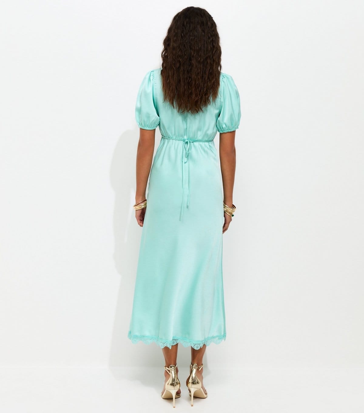 New Look Women's Light Blue Satin Lace Trim Tea Midi Dress New Look - 4