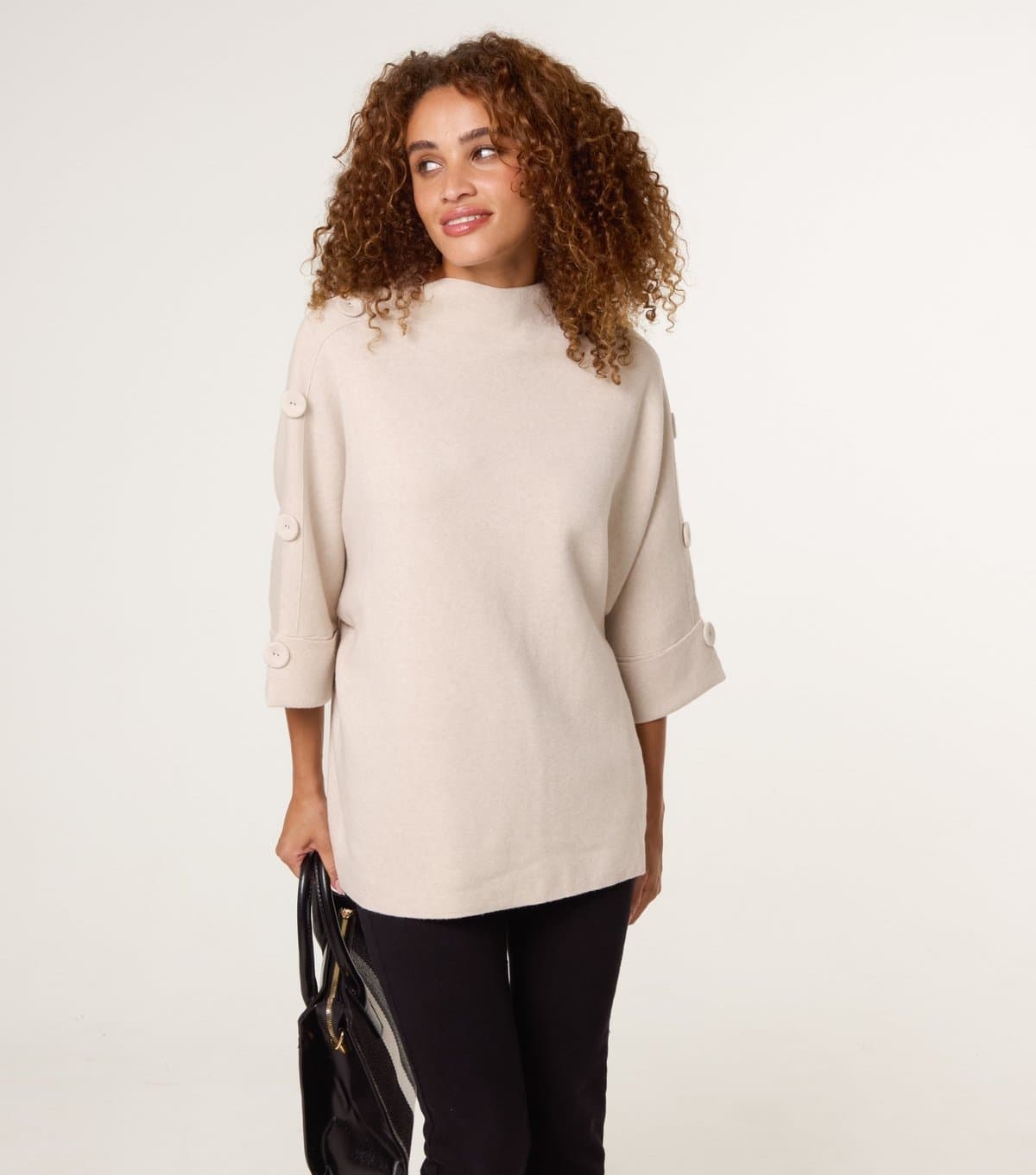 Blue Vanilla Women's Oatmeal Cropped Sleeve Button Detail Jumper Blue Vanilla New Look