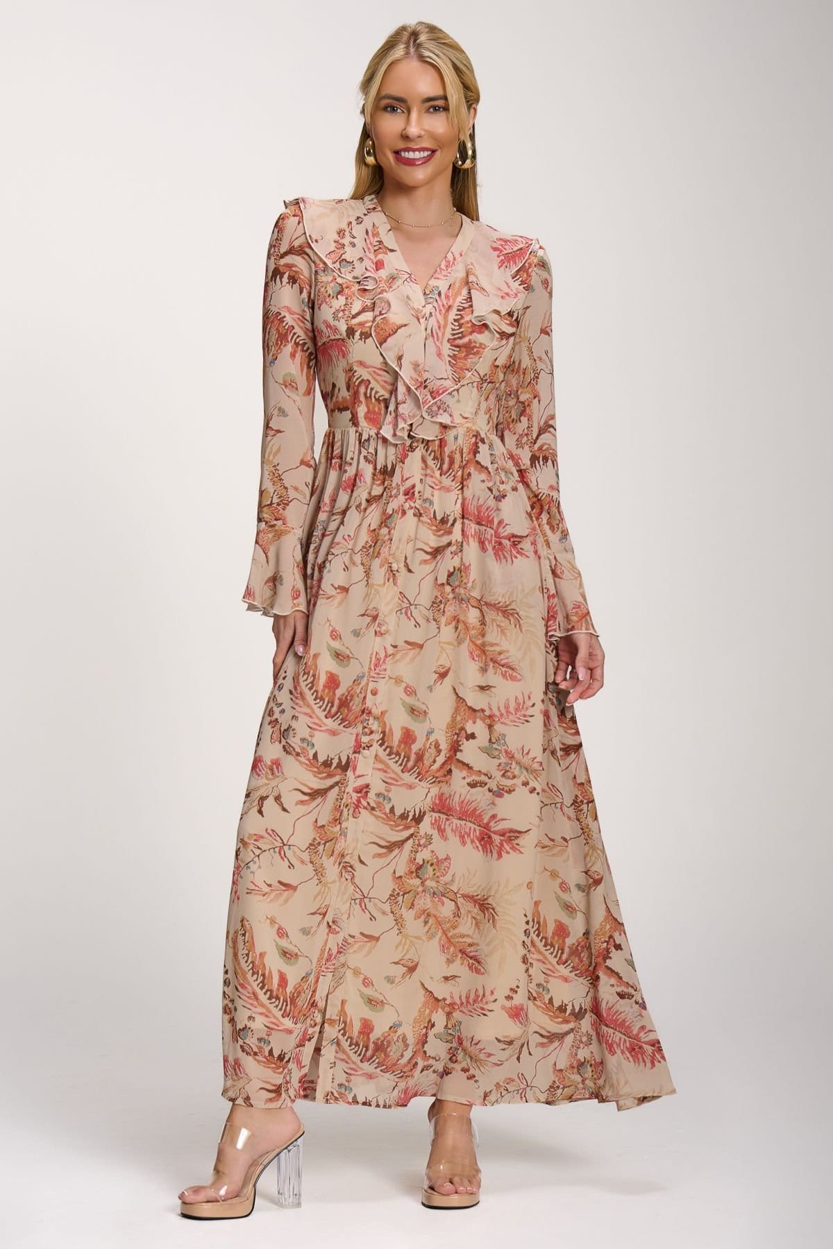 Jolie Moi Pale Orange Floral Print V-Neck Maxi Dress