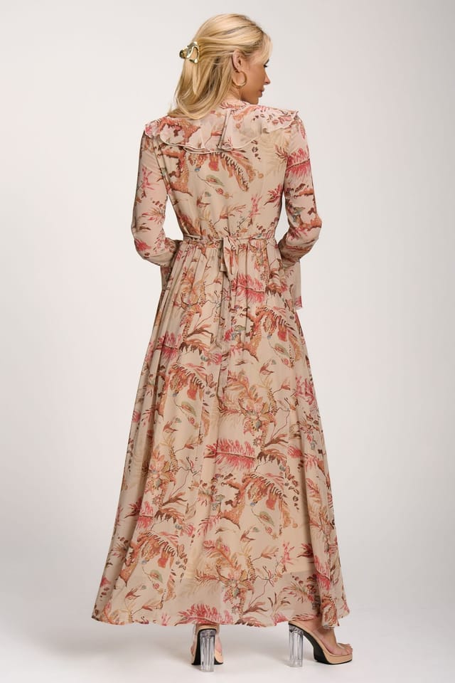 Jolie Moi Jolie Moi Women's Long Sleeve Chiffon Ruffle Maxi Dress in Pale Orange - 2