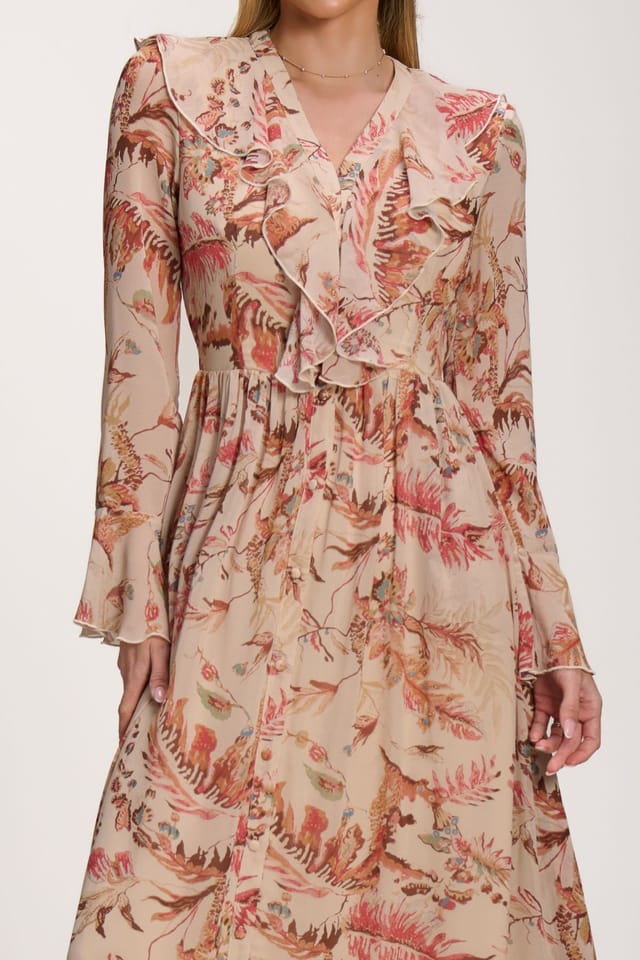 Jolie Moi Jolie Moi Women's Long Sleeve Chiffon Ruffle Maxi Dress in Pale Orange - 3