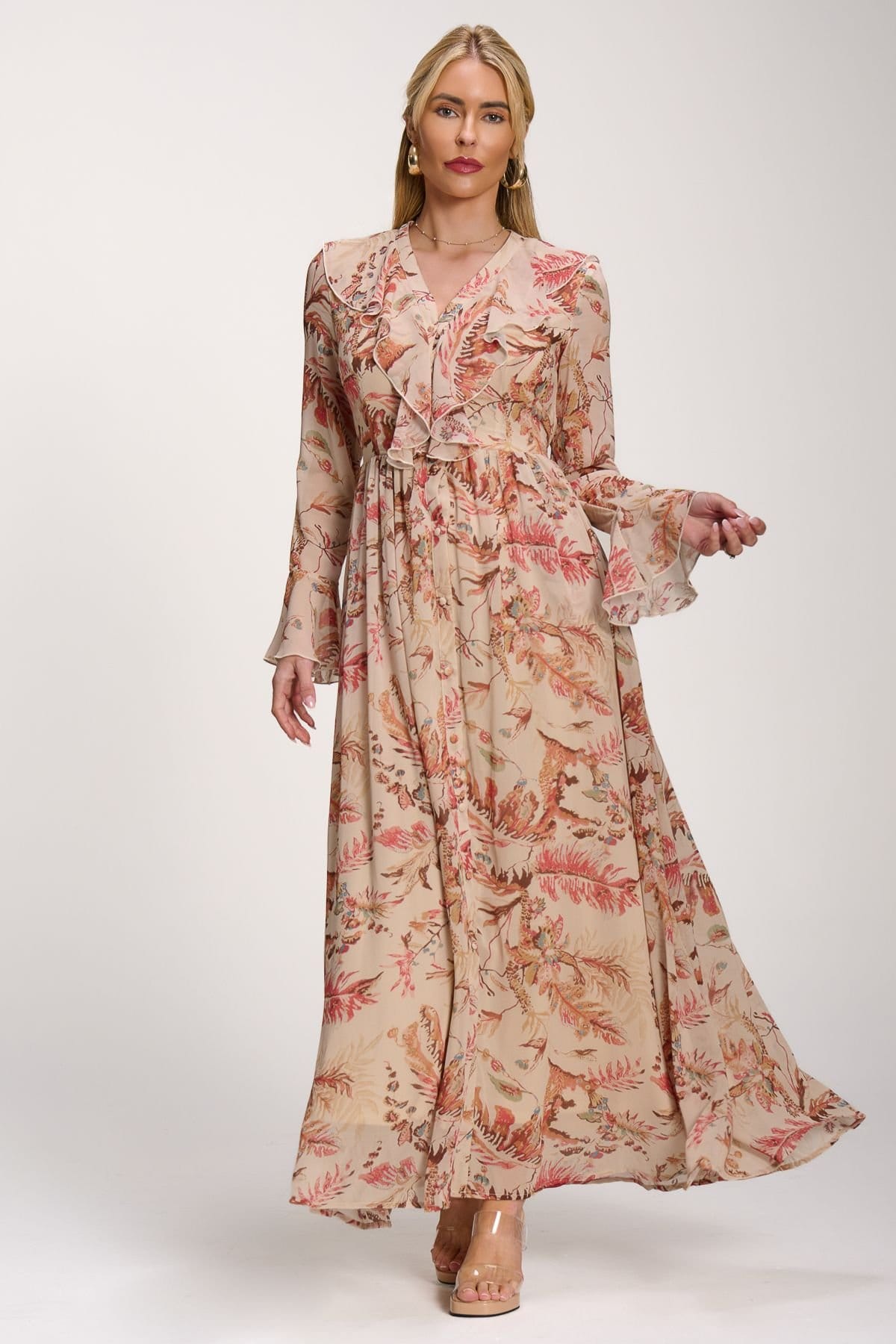 Jolie Moi Jolie Moi Women's Long Sleeve Chiffon Ruffle Maxi Dress in Pale Orange - 4