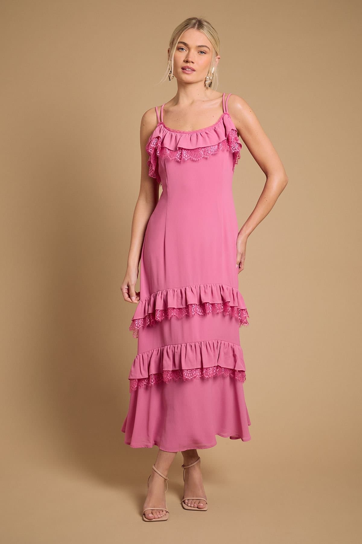 Oasis Oasis Women's Cape Detail Ruffle Slip Midaxi Dress in Pink