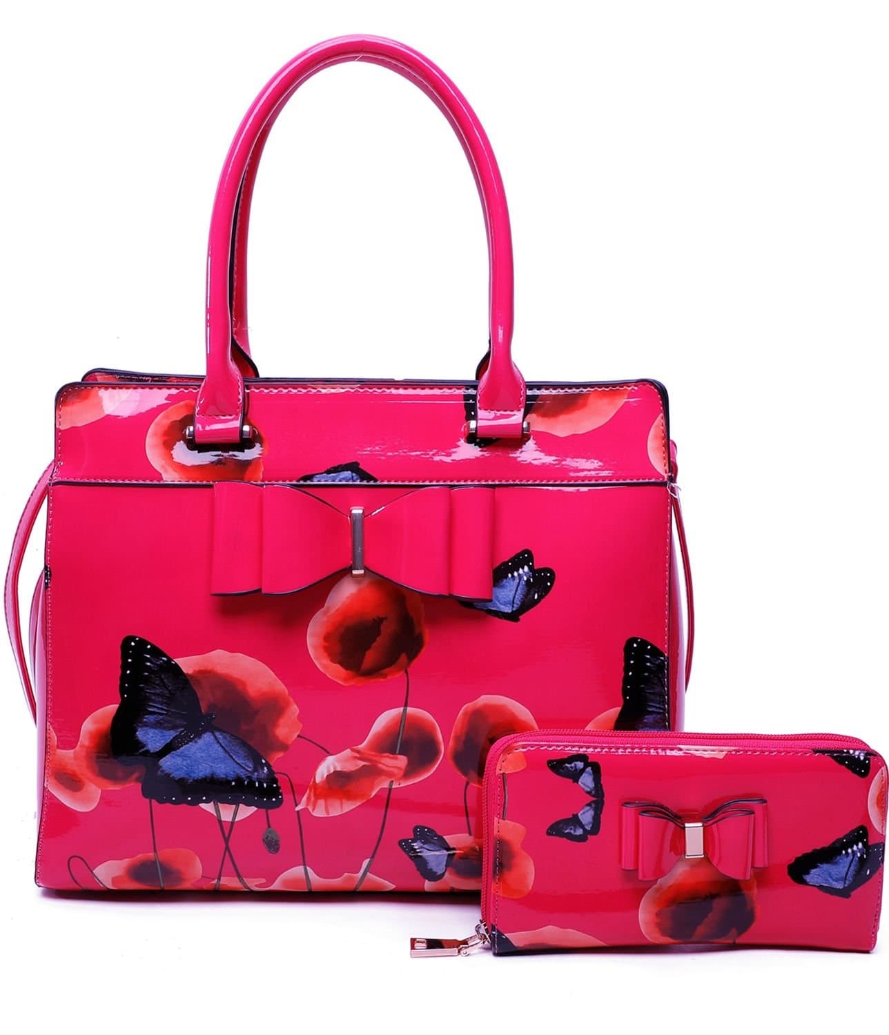 Fontanella Fashion Fontanella Fashion Women's Papavero 2IN1 PU Patent Poppy Flower & Buttlefly Bucket Shaped With Purse Set in Red