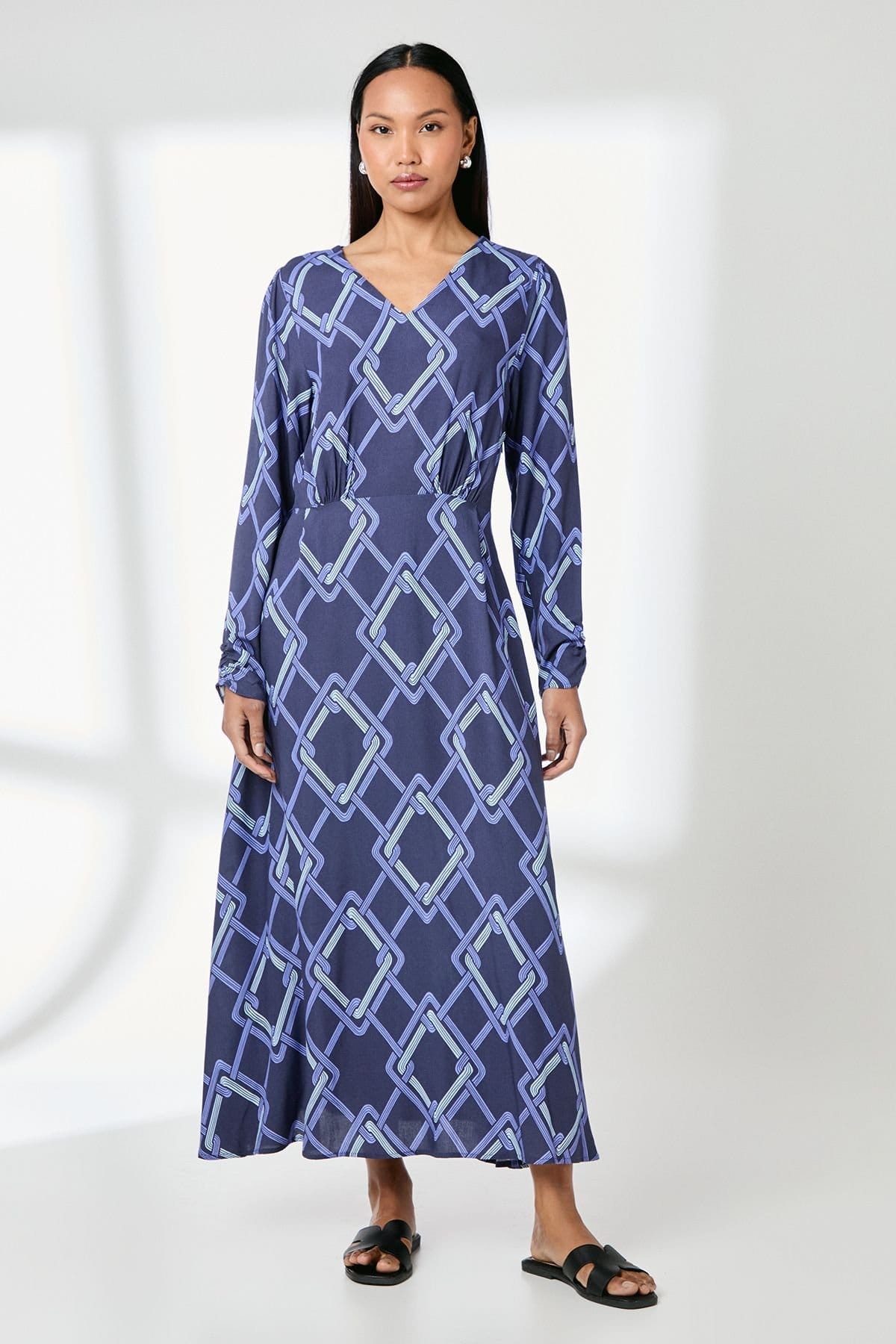 Principles Navy Geo Print V-Neck Midi Dress