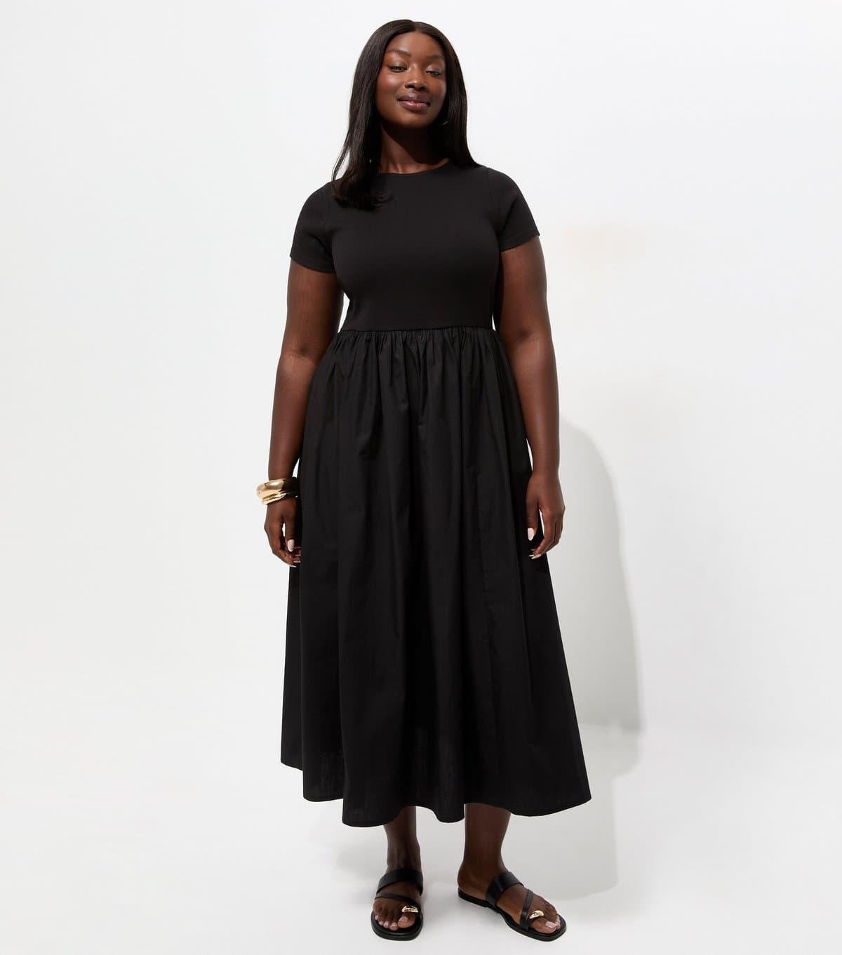 New Look Women's Plus Size Black Cotton Rich Drop Waist Short Sleeve Midi Dress Curves New Look