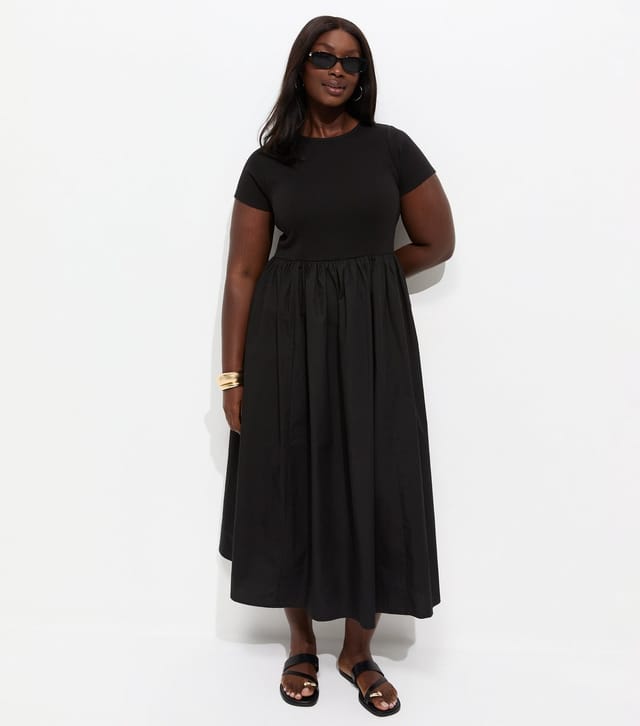 New Look Women's Plus Size Black Cotton Rich Drop Waist Short Sleeve Midi Dress Curves New Look - 3
