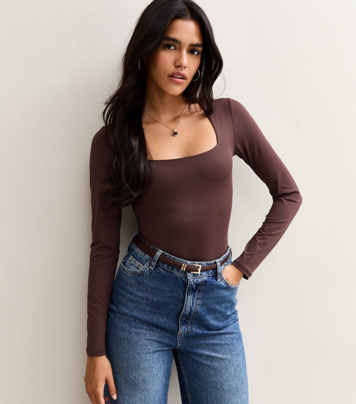 New Look Women's Burgundy Slinky Square Neck Long Sleeve Bodysuit New Look