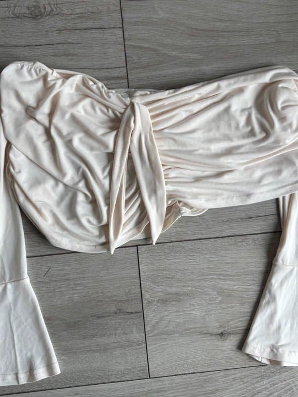 ASOS Asos luxe Cream Ruched Off-Shoulder Tie Front Crop Top - Size 12