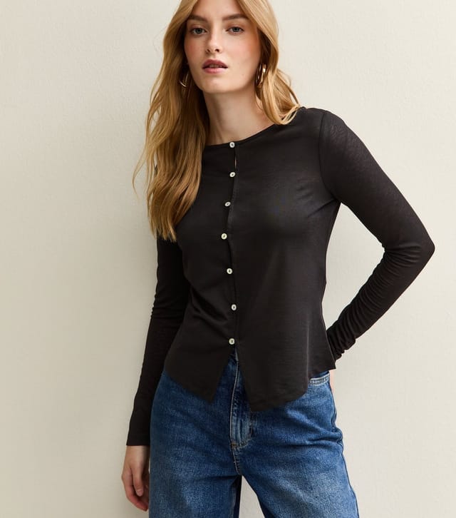 New Look Women's Black Button Through Long Sleeve Top New Look - 2