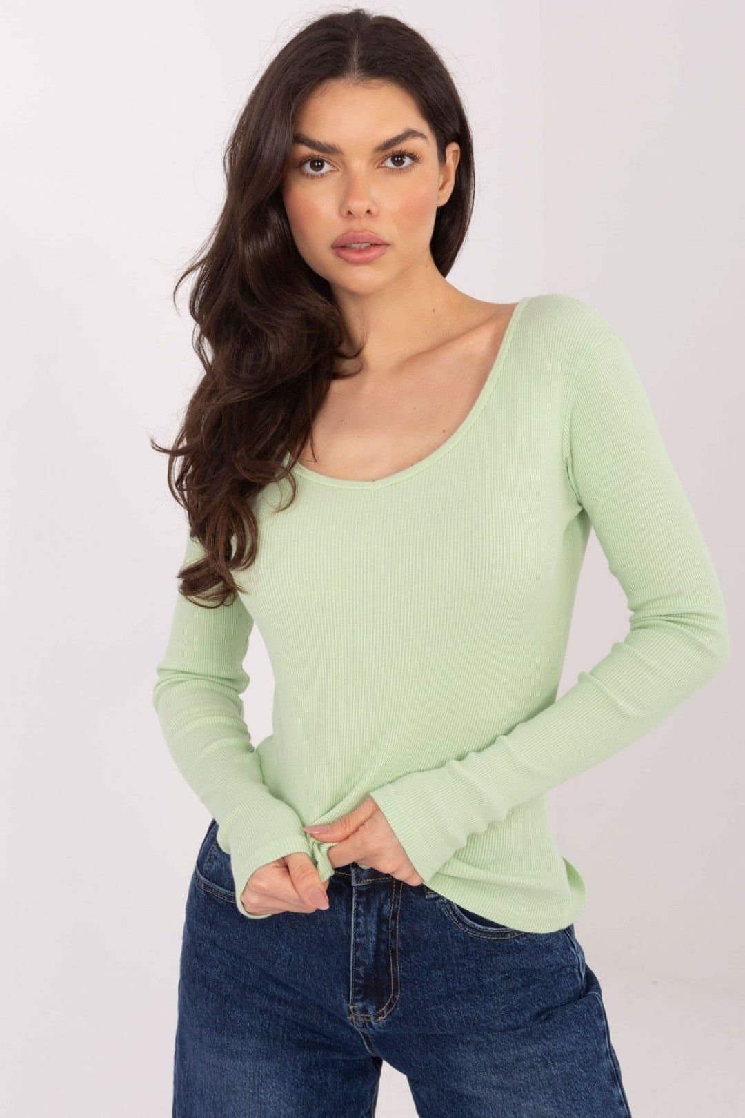 Love Lace Love Lace Green Ribbed Cotton V-Neck Fitted Long Sleeve Top