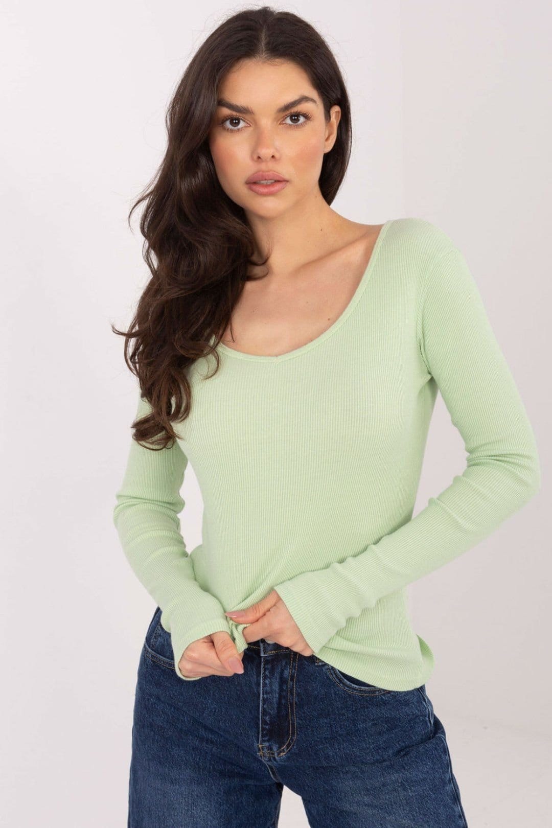 Love Lace Green Ribbed Cotton V-Neck Fitted Long Sleeve Top