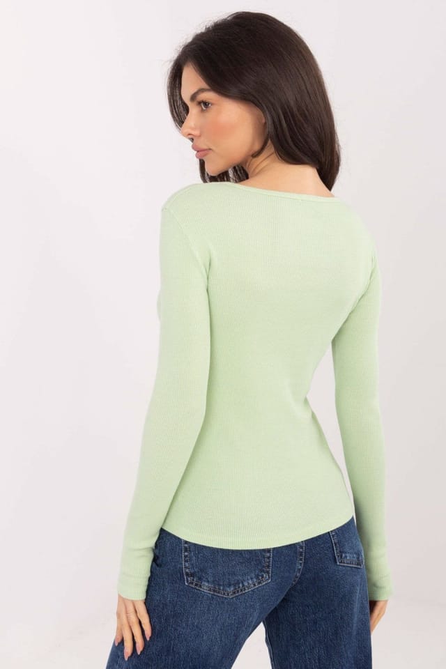 Love Lace Love Lace Women's Ribbed Cotton V Neck Fitted Long Sleeve Top in Green - 3