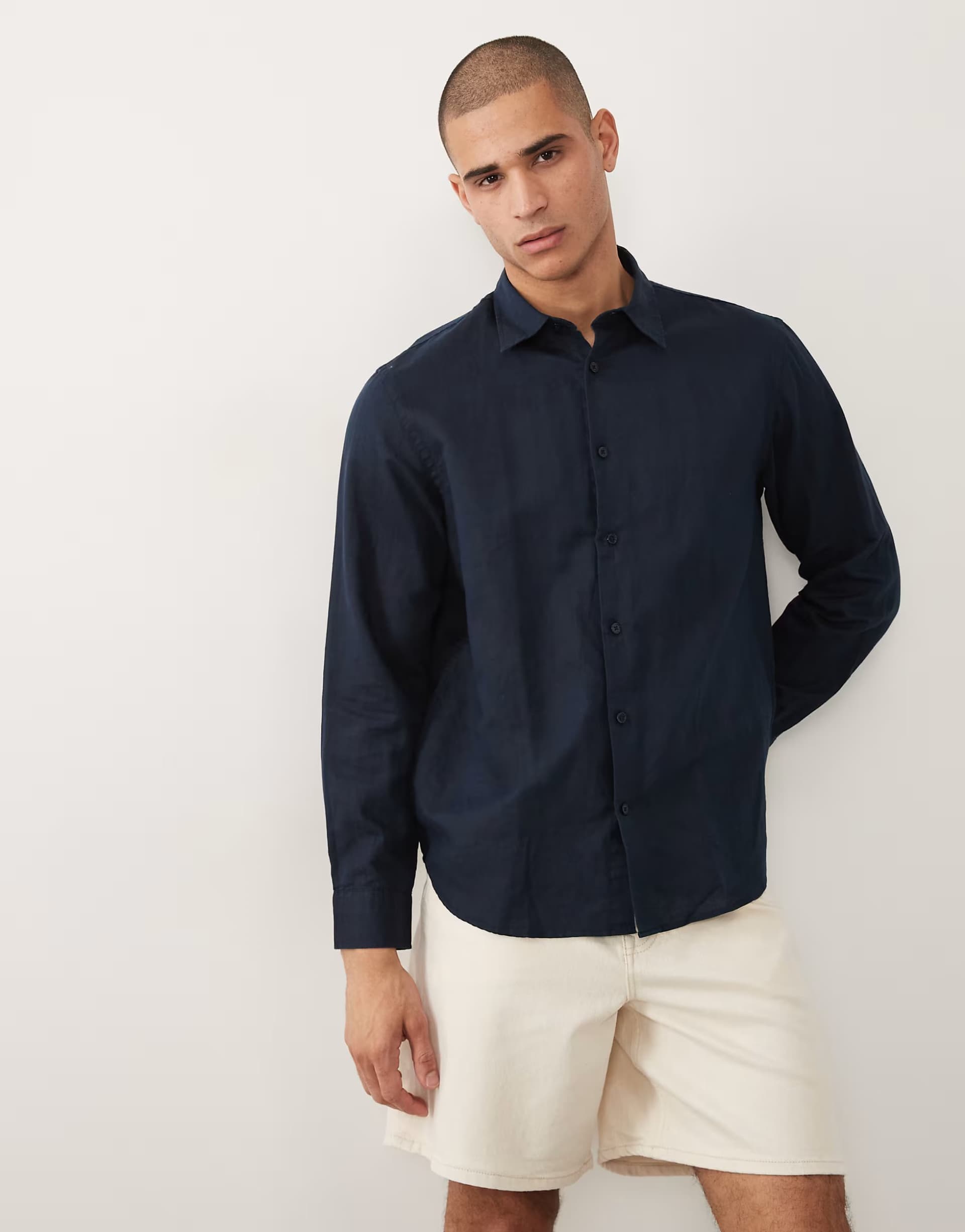 ASOS ASOS Navy Linen Blend Long Sleeved Shirt