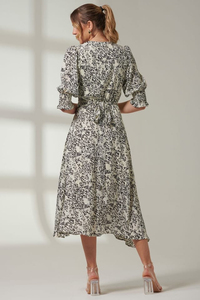 Jolie Moi Jolie Moi Women's Animal Print Crepe Wrap Midi Dress in White - 2
