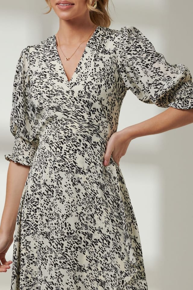 Jolie Moi Jolie Moi Women's Animal Print Crepe Wrap Midi Dress in White - 3