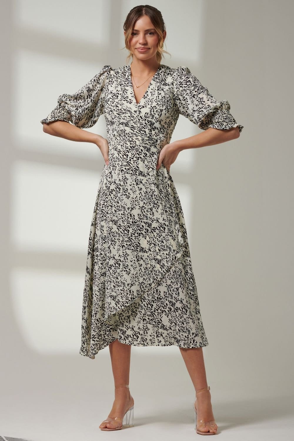 Jolie Moi Jolie Moi Women's Animal Print Crepe Wrap Midi Dress in White - 4